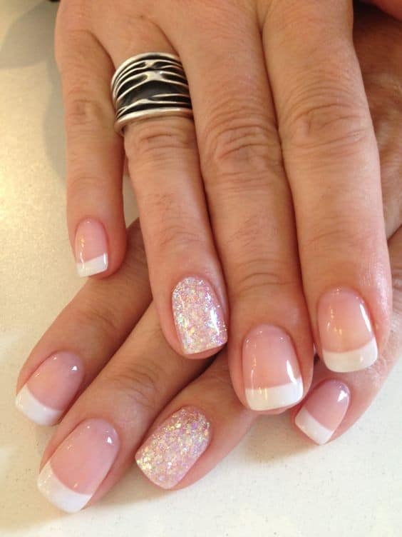 Glossy French Manicure with Glitter Accent