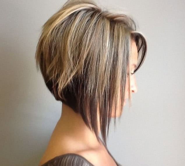 Asymmetrical bob with choppy layers and highlights