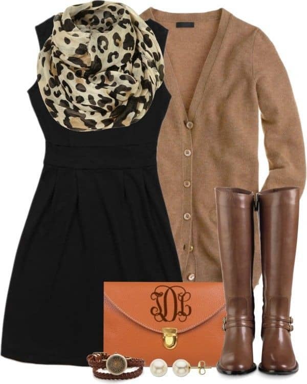 Black sleeveless dress, light brown cardigan and brown riding boots