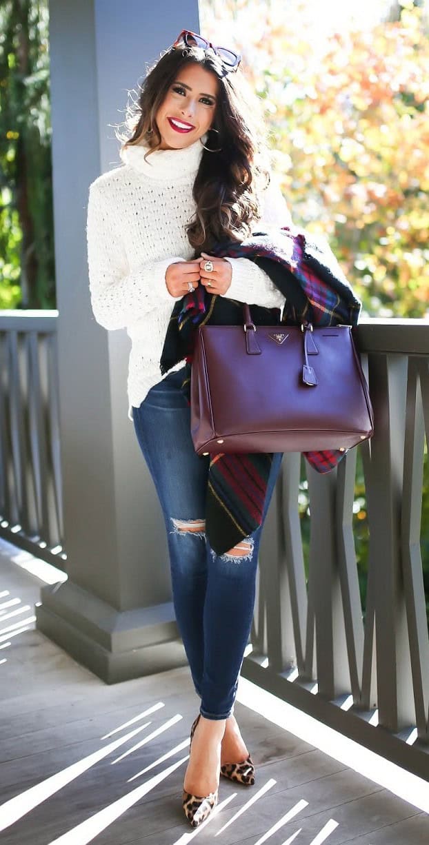 White Roll Neck Sweater with Leopard Heels