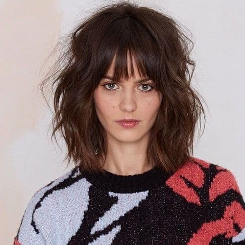 Curly Brown Bob with Straight Fringe