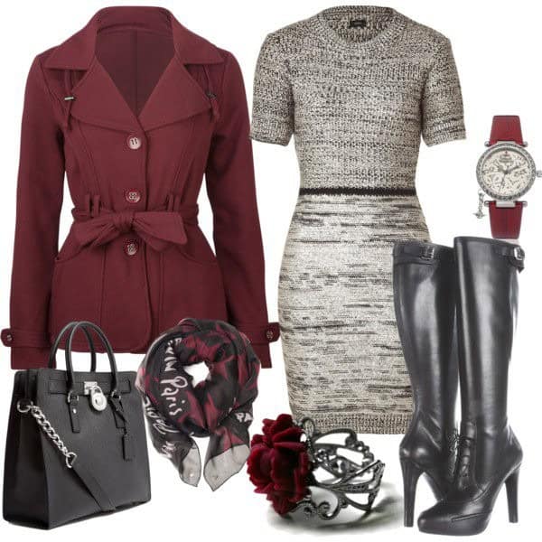 Black-and-white sweater dress with burgundy coat