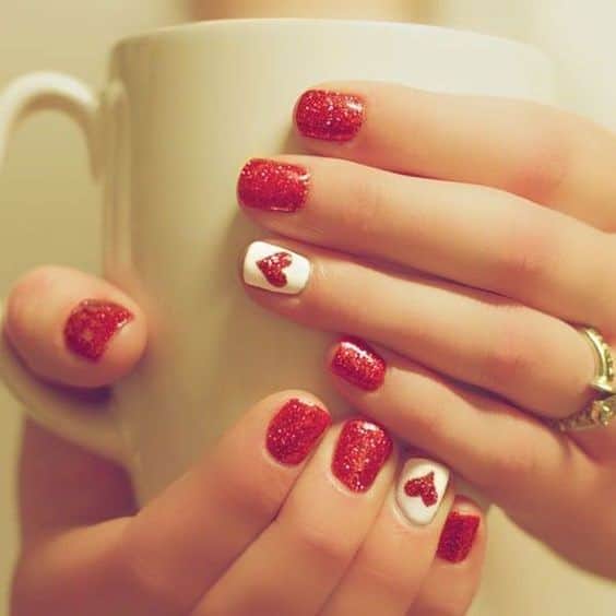 Glittery Red with Heart Accent Nail