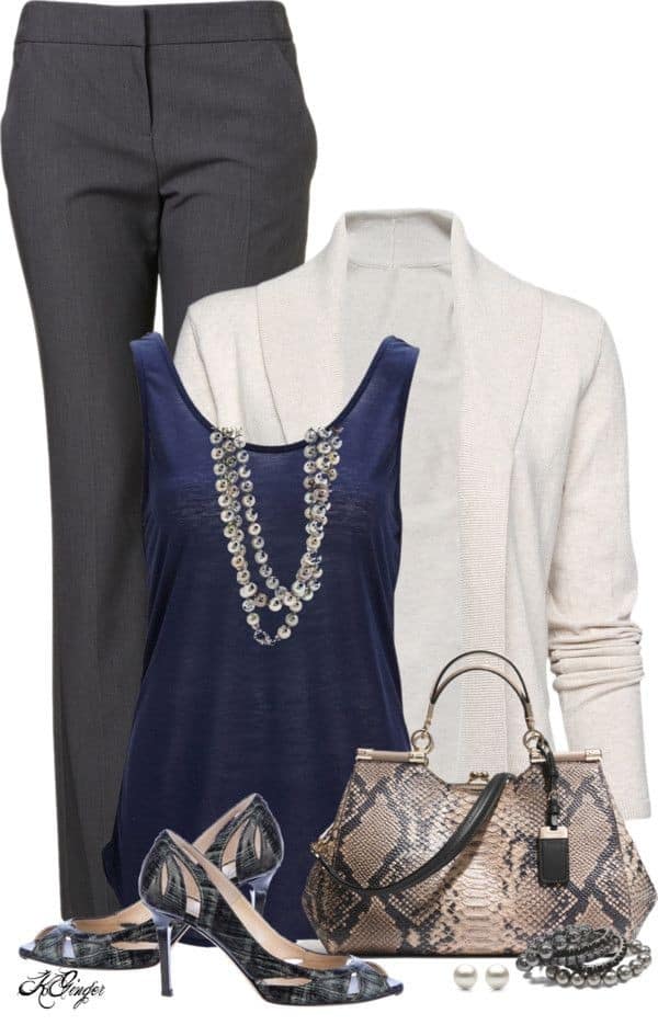 Grey slacks, royal blue tank and white cardigan