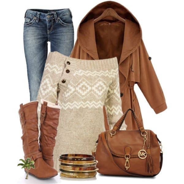 Taupe sweater, cognac coat with matching boots