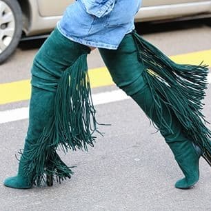 Teal thigh-high fringe boots