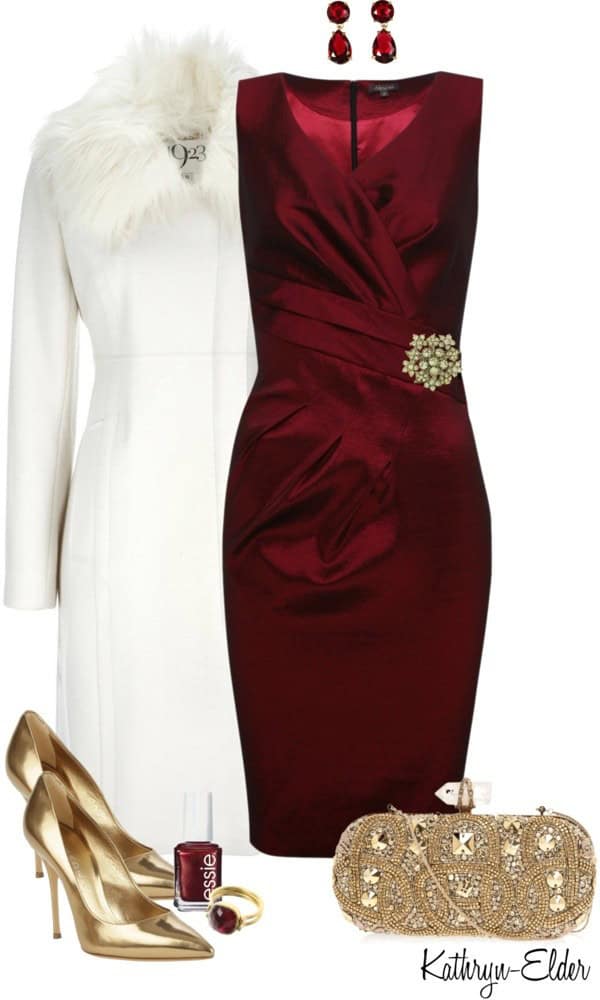 Crimson sleeveless wrap dress, fur collar coat and gold accessories