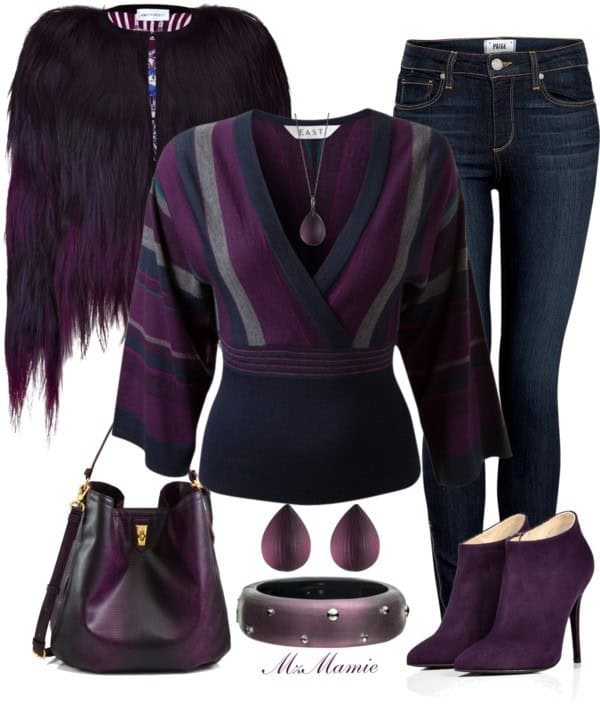 Violet clothing with black and violet faux fur collarless coat