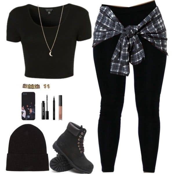 Black mid top, black skinny jeans (and plaid top)