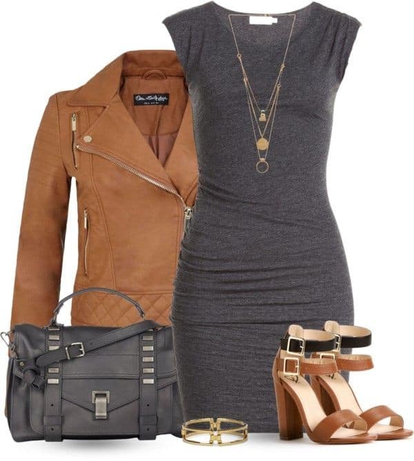 Dark grey short sleeve fitted dress and cognac leather accessories