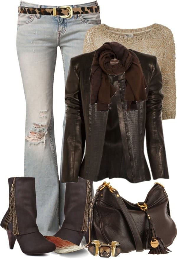 Light blue jeans, cream sweater and dark chocolate leather coat and accessories