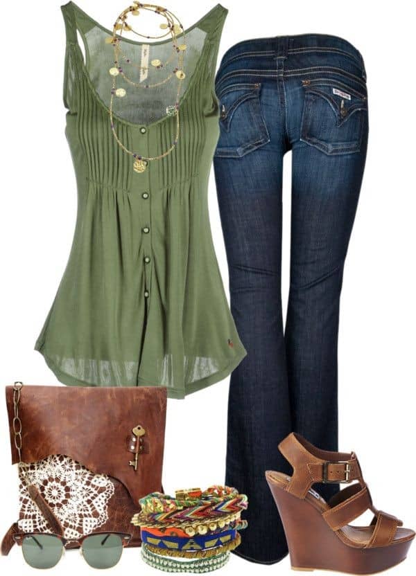 Desert sage flowing tank, flare jeans and colorful accessories