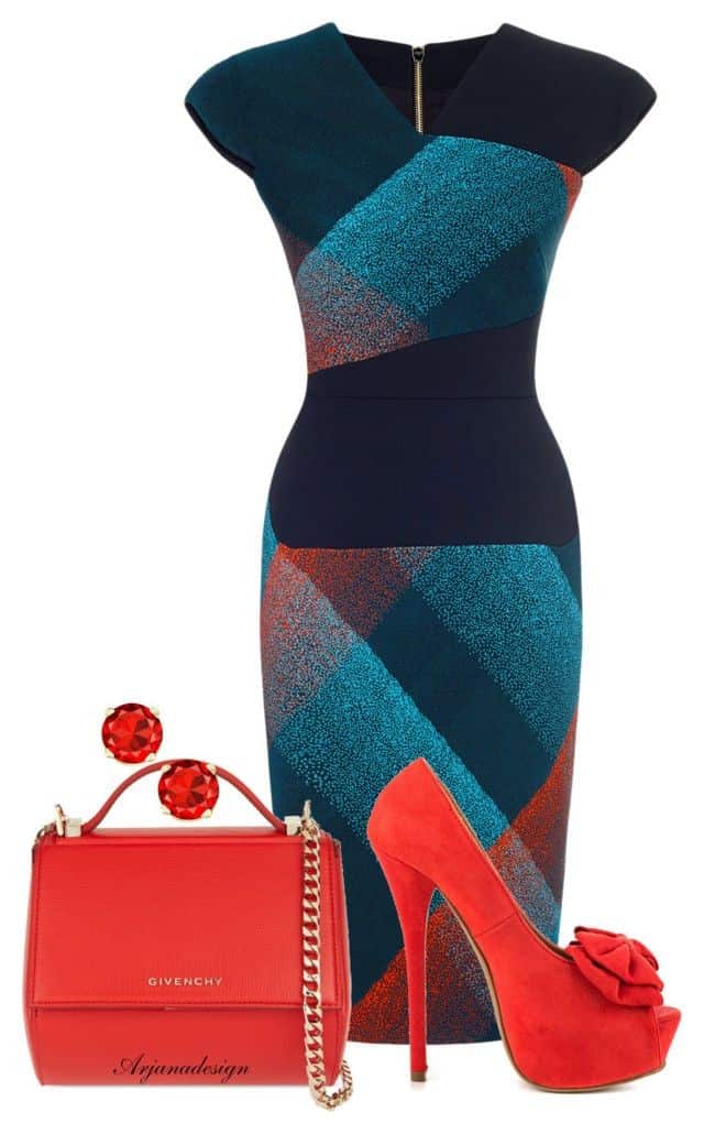 Bright fitted dress with red accessories