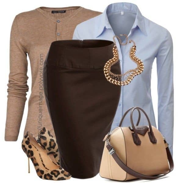 Fall Fashion: Tan cardigan, chocolate pencil skirt and baby blue shirt