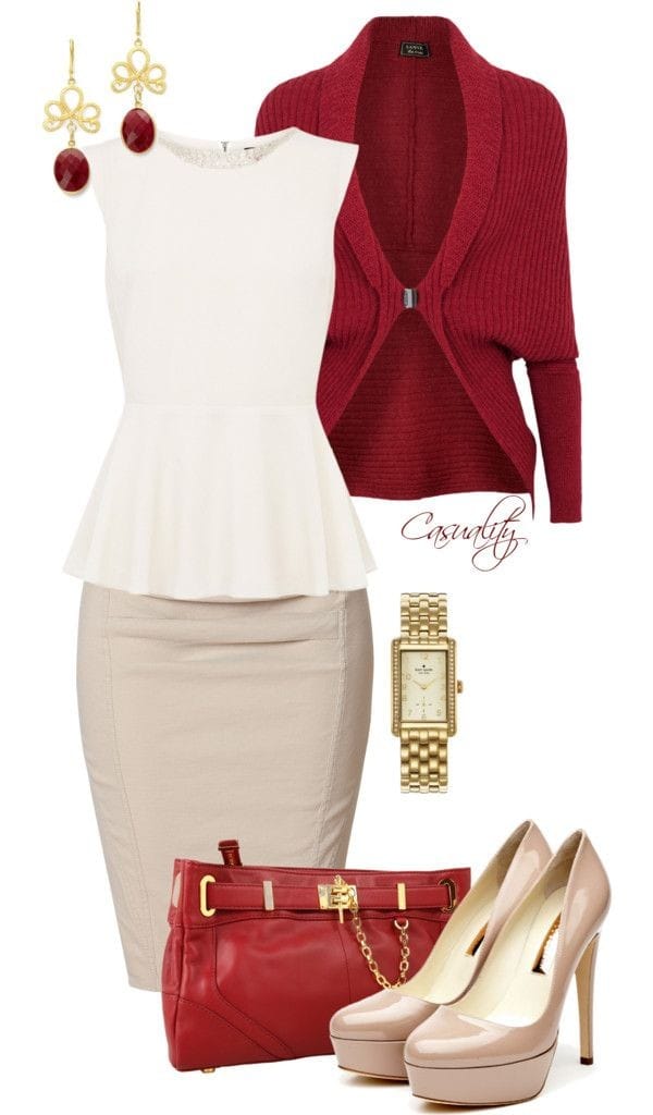 Off-white sleeveless peplum top, red cardigan and taupe pencil skirt