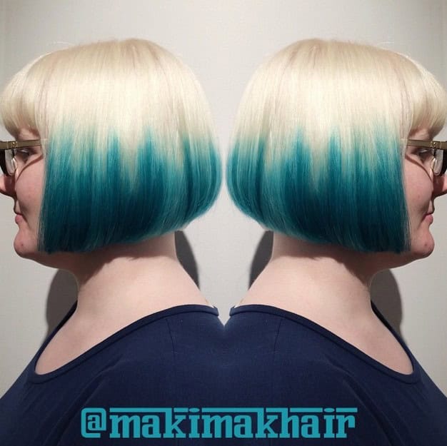 Platinum-and-green ombre bob (with bangs)