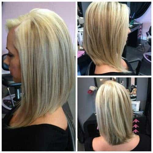 Platinum long lob with brown streaks, a side part and graduated back