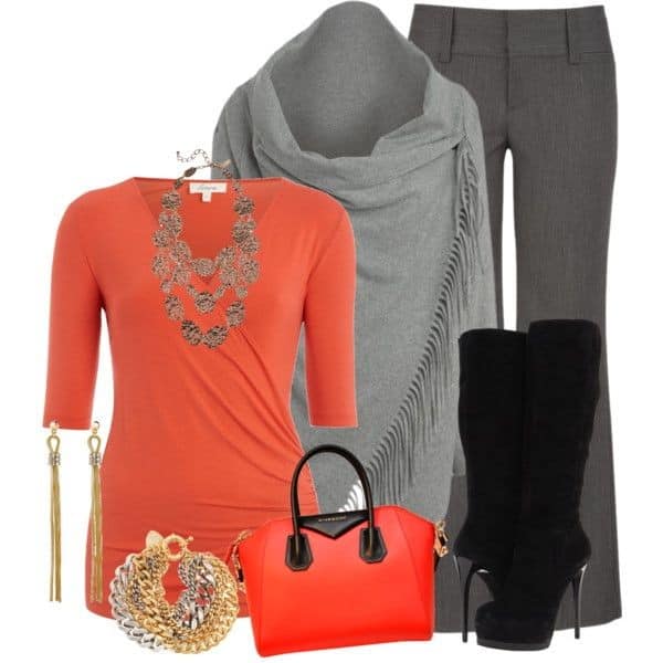 Peach and grey combo with large grey fringe scarf