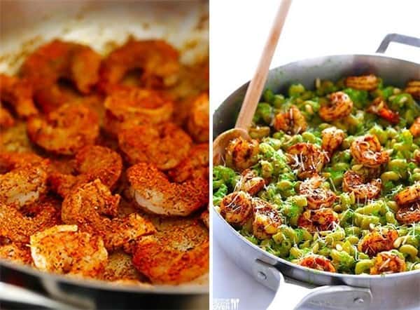 Asparagus-Spinach Pesto Pasta with Blackened Shrimp