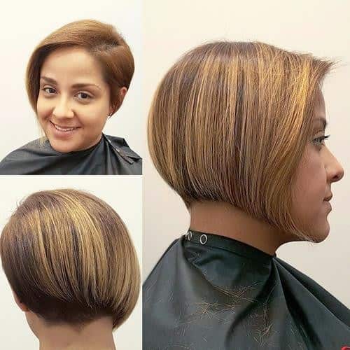 Caramel Blonde Sloped Cut – Graduated Bob Hairstyle for Women Over 30