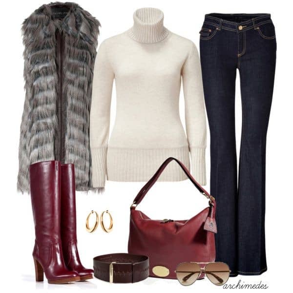 White turtleneck, dark blue flare jeans and long grey fur vest