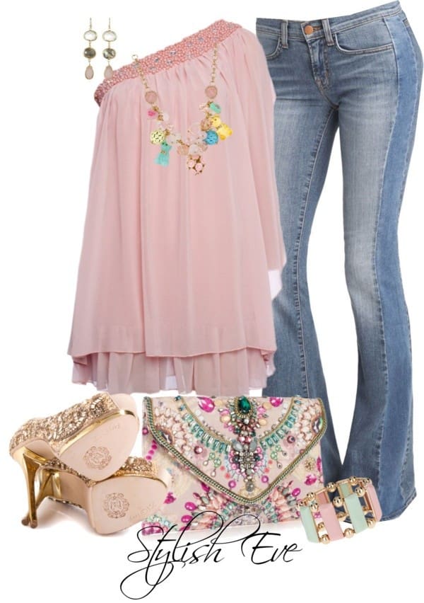 Light pink one sleeve top with jeans