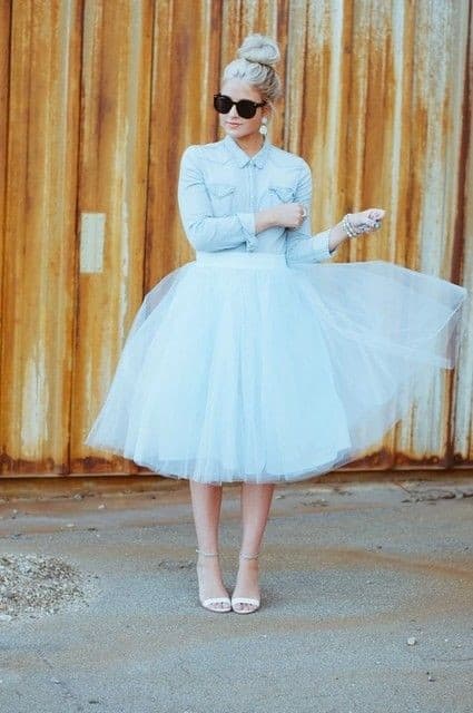 Tulle Skirt Outfit with Denim Shirt