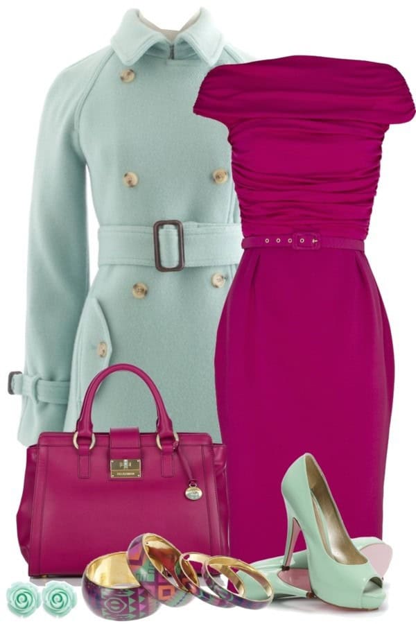 Fuschia off-shoulder dress and sea foam green coat