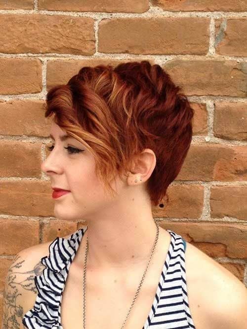 Copper wavy pixie with blonde highlights