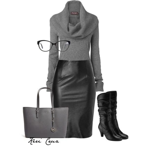 Feather grey turtleneck and black leather pencil skirt for Winter