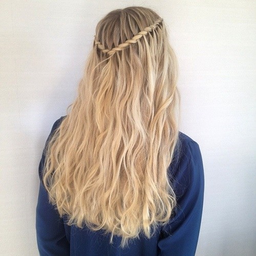 Honey Blonde Beach Waves with Twisted Waterfall Braid