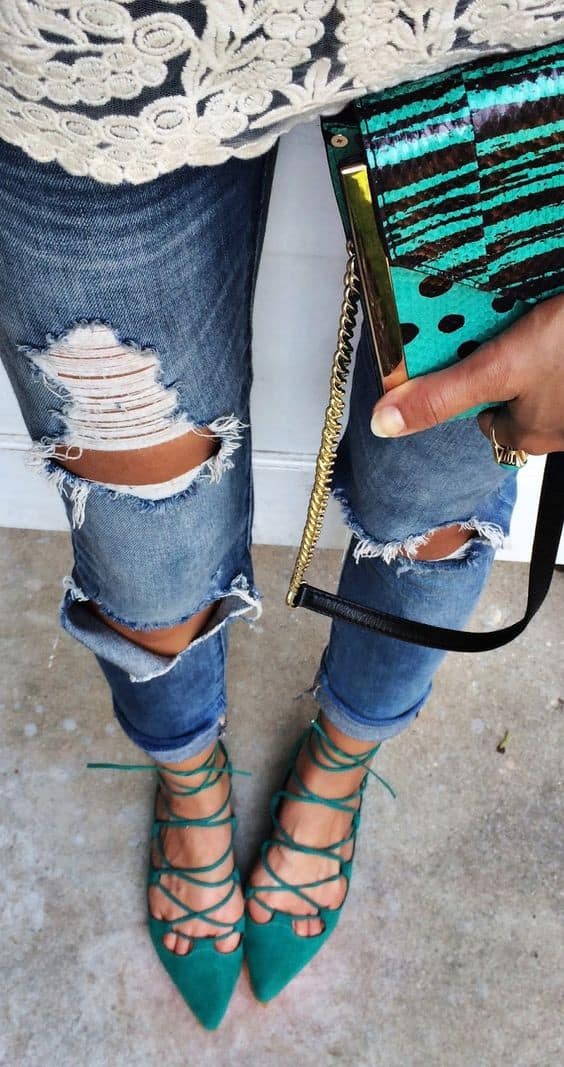 Green Flats with Ripped Jeans