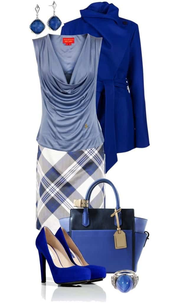 Sleeveless blouse, plaid pencil skirt and coat