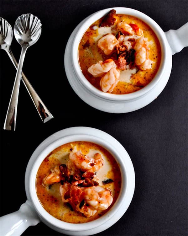 Fresh Corn Chowder with Barbecue Shrimp