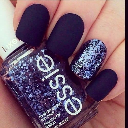 Matte Navy Nails with Glittery Accent Nail