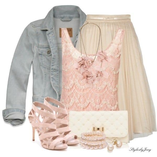 Pleated skirt, dressy tank and light denim jacket