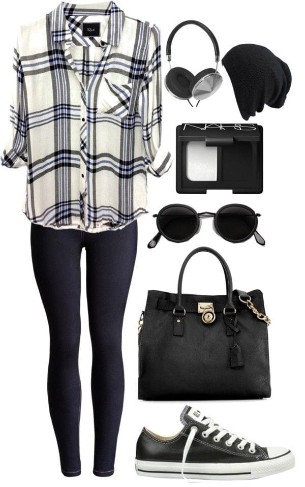 Plaid shirt, leggings, skull cap and low tops