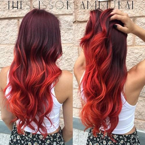 Dark to Light Red Ombre for long wavy hair