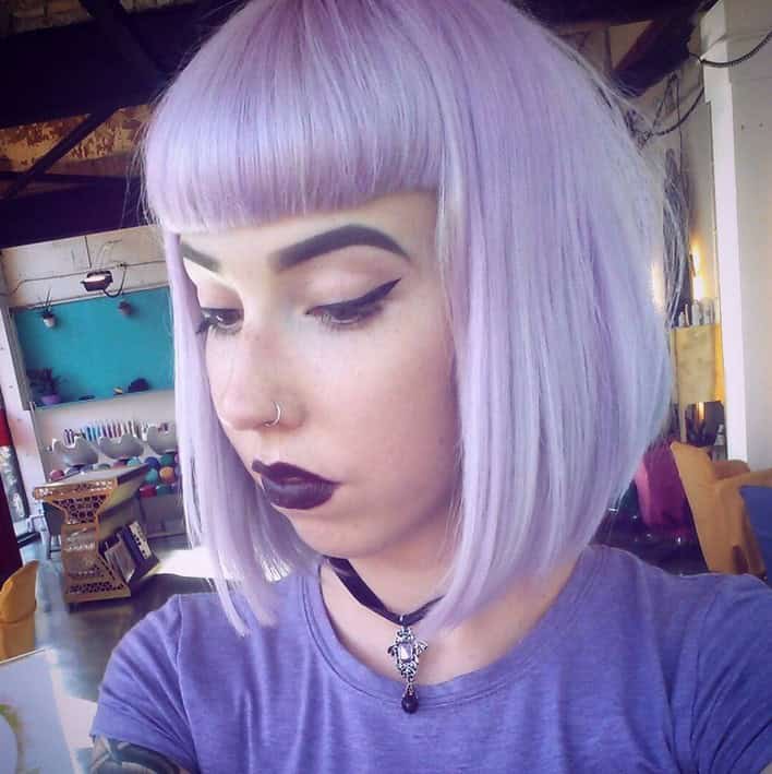 Lavender inverted bob with blunt bangs