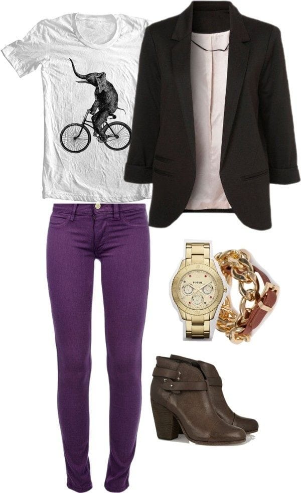 Purple jeans, T-shirt and blazer