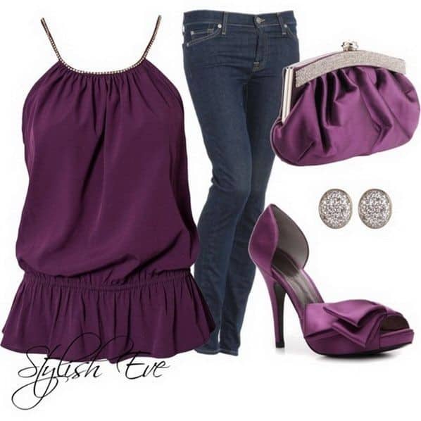 Violet spaghetti strap top with dark skinny jeans and violet accessories