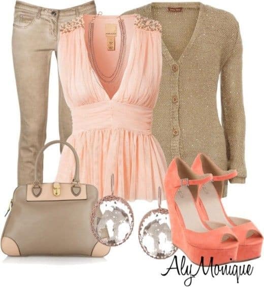 Tan cardigan with matching skinny jeans and sleeveless apricot top