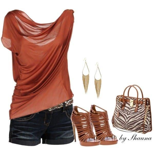 Orange one-shoulder blouse, jean shorts and brown leather strap heels