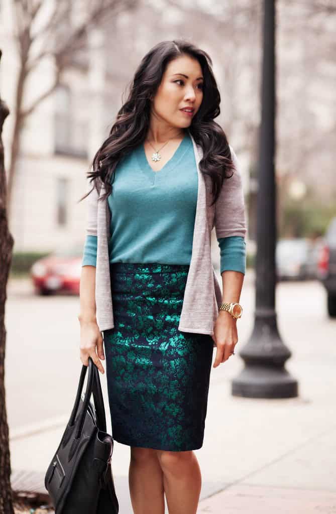 Teal printed pencil skirt