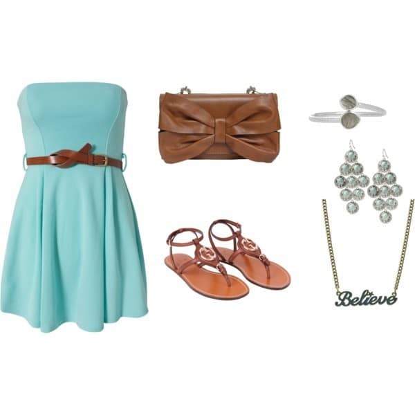 Baby blue strapless party dress and sandals