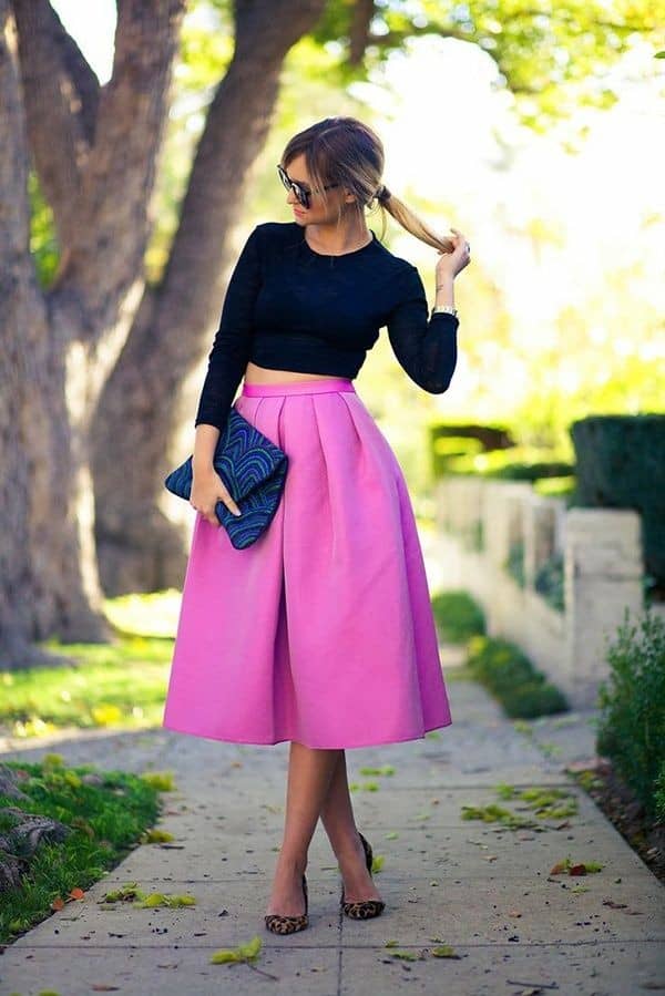 Dark top and bright flare skirt