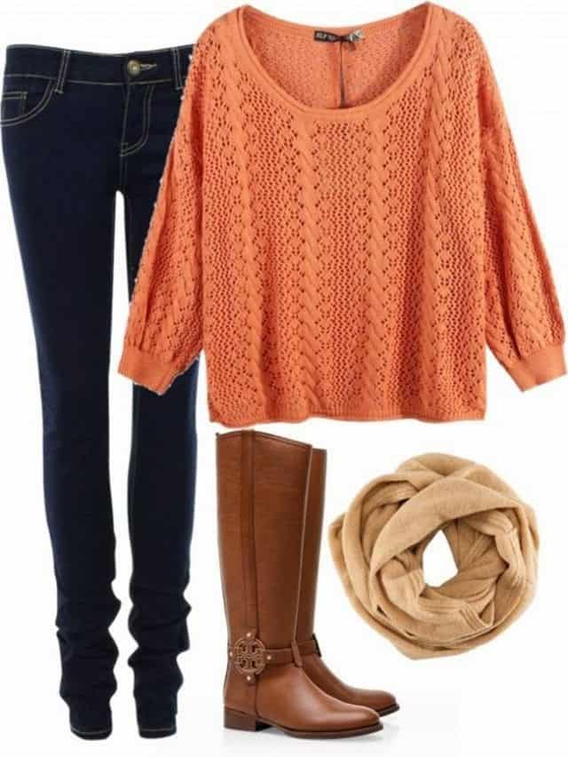 Apricot sweater with brown accessories