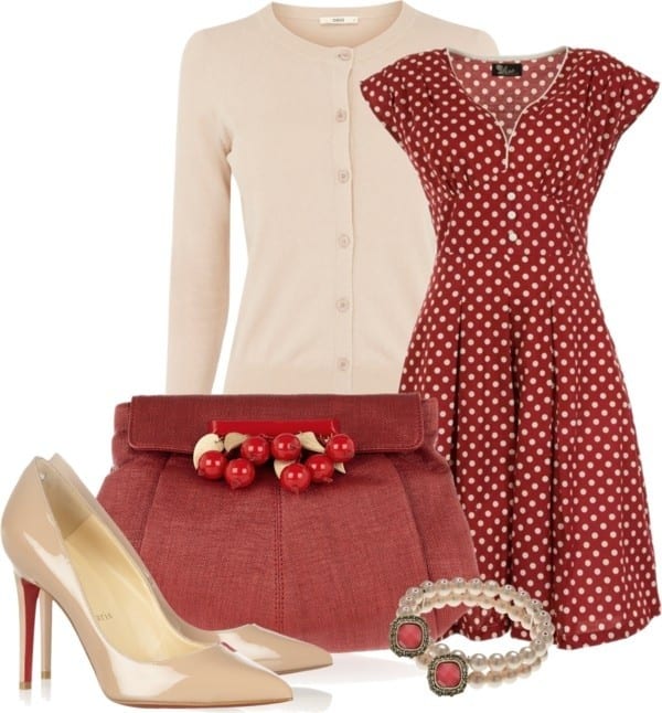 Red-and-white polka dot dress and taupe cardigan