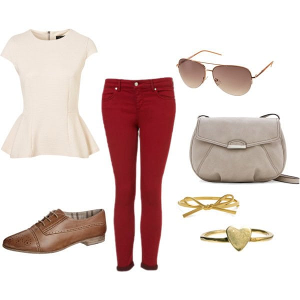 Red jeans, white peplum top and brown oxfords