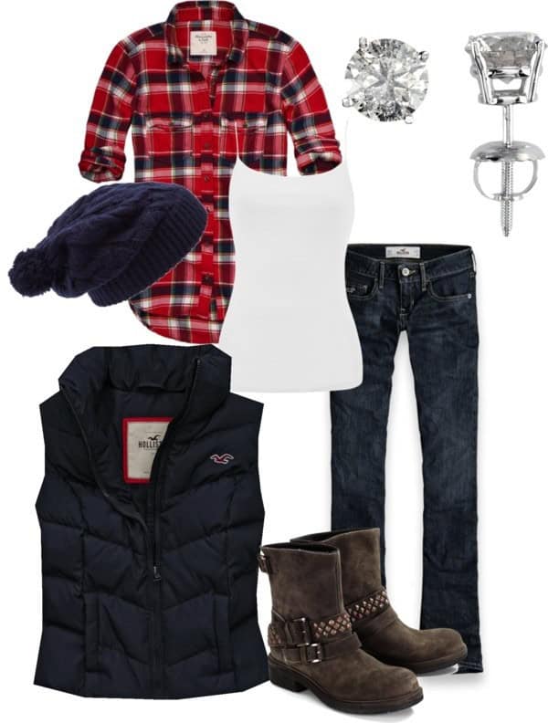 Plaid shirt, quilted vest and knit hat